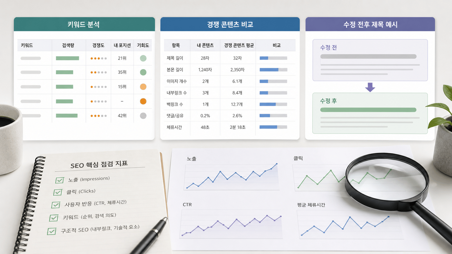 AI 생성 이미지 - 키워드 분석표, 경쟁 콘텐츠 비교표, 수정 전후 제목 예시를 함께 넣으면